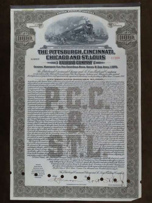 1925 Pittsburgh Cincinati Chicago and St Louis Railroad Company, $1000 Gold Bond Certificate 17269