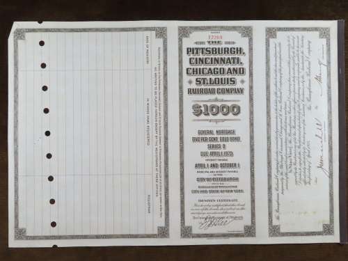 1925 Pittsburgh Cincinati Chicago and St Louis Railroad Company, $1000 Gold Bond Certificate 17269
