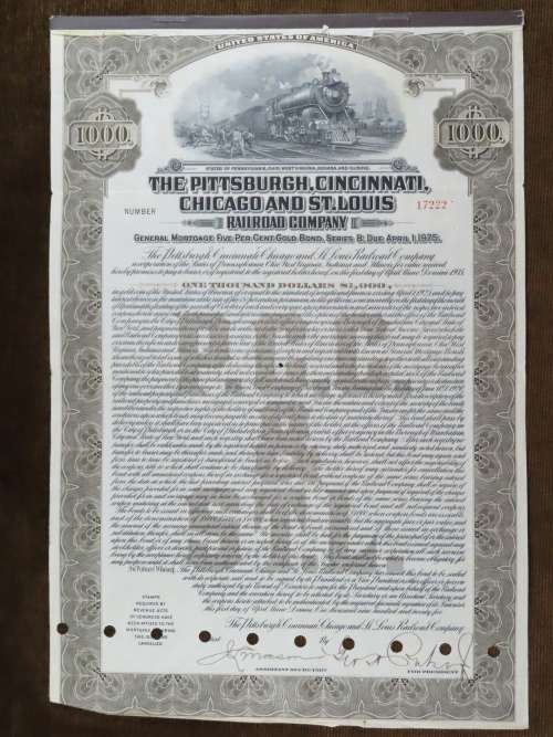 1925 Pittsburgh Cincinati Chicago and St Louis Railroad Company, $1000 Gold Bond Certificate 17222