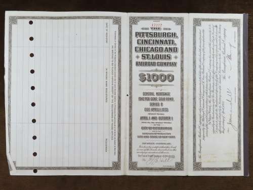 1925 Pittsburgh Cincinati Chicago and St Louis Railroad Company, $1000 Gold Bond Certificate 17222