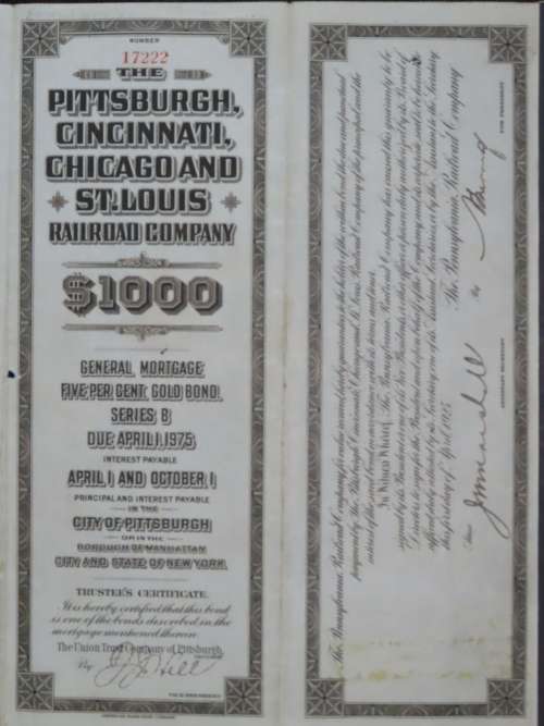 1925 Pittsburgh Cincinati Chicago and St Louis Railroad Company, $1000 Gold Bond Certificate 17222