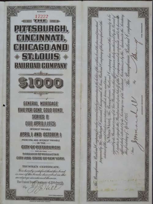 1925 Pittsburgh Cincinati Chicago and St Louis Railroad Company, $1000 Gold Bond Certificate 17222