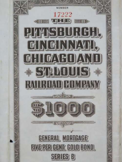 1925 Pittsburgh Cincinati Chicago and St Louis Railroad Company, $1000 Gold Bond Certificate 17222