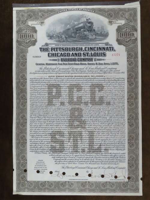 1925 Pittsburgh Cincinati Chicago and St Louis Railroad Company, $1000 Gold Bond Certificate 17271