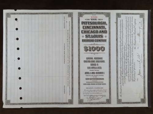 1925 Pittsburgh Cincinati Chicago and St Louis Railroad Company, $1000 Gold Bond Certificate 17271