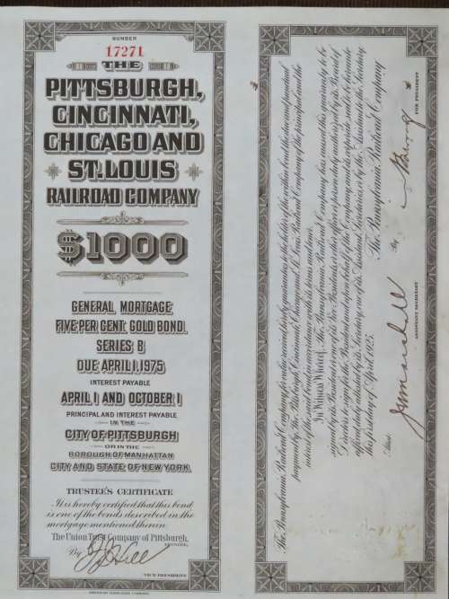 1925 Pittsburgh Cincinati Chicago and St Louis Railroad Company, $1000 Gold Bond Certificate 17271