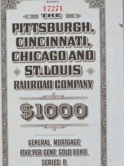1925 Pittsburgh Cincinati Chicago and St Louis Railroad Company, $1000 Gold Bond Certificate 17271