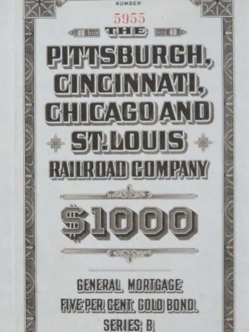 1925 Pittsburgh Cincinati Chicago and St Louis Railroad Company, $1000 Gold Bond Certificate 5955