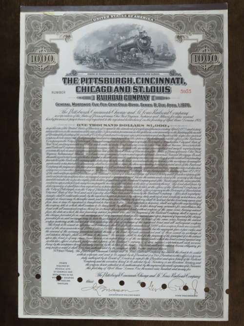 1925 Pittsburgh Cincinati Chicago and St Louis Railroad Company, $1000 Gold Bond Certificate 5955