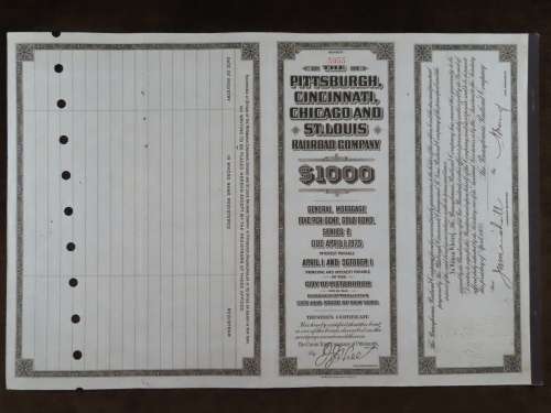 1925 Pittsburgh Cincinati Chicago and St Louis Railroad Company, $1000 Gold Bond Certificate 5955