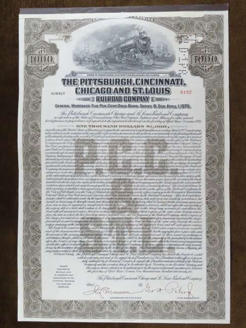 1925 Pittsburgh Cincinati Chicago and St Louis Railroad Company, $1000 Gold Bond Certificate 6182