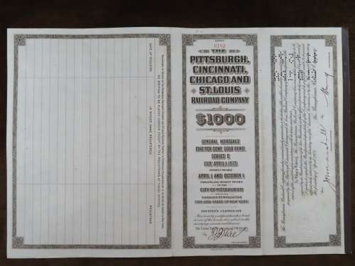 1925 Pittsburgh Cincinati Chicago and St Louis Railroad Company, $1000 Gold Bond Certificate 6182