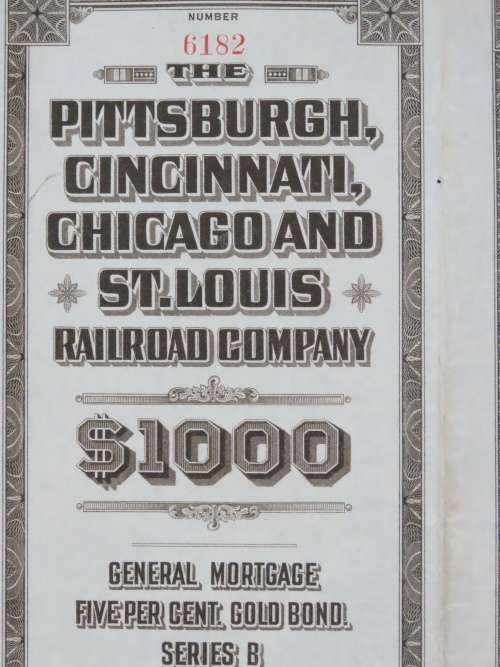 1925 Pittsburgh Cincinati Chicago and St Louis Railroad Company, $1000 Gold Bond Certificate 6182