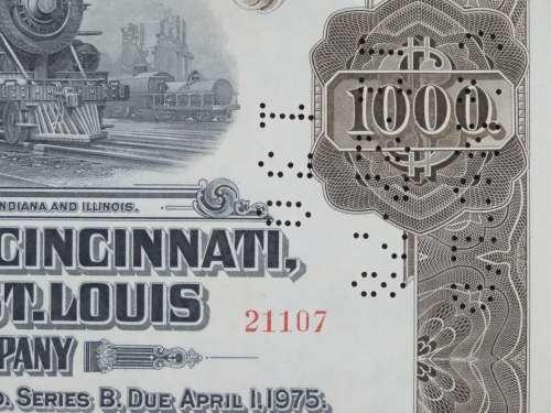 1925 Pittsburgh Cincinati Chicago and St Louis Railroad Company, $1000 Gold Bond Certificate 21107