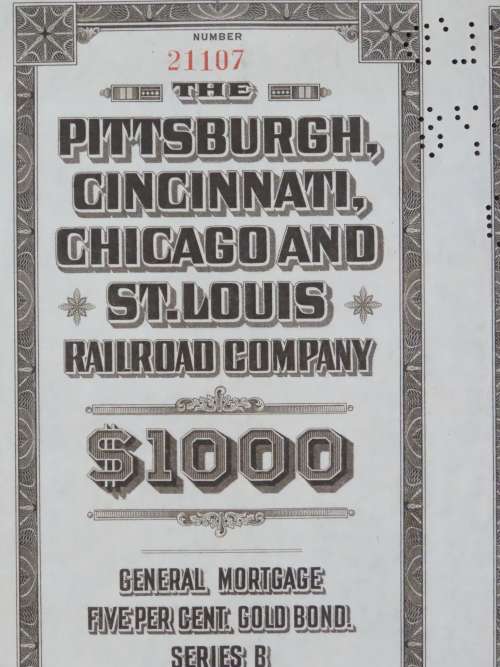 1925 Pittsburgh Cincinati Chicago and St Louis Railroad Company, $1000 Gold Bond Certificate 21107
