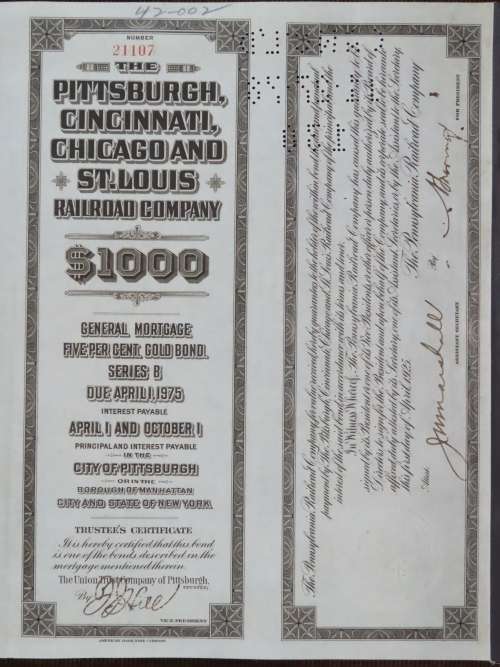 1925 Pittsburgh Cincinati Chicago and St Louis Railroad Company, $1000 Gold Bond Certificate 21107