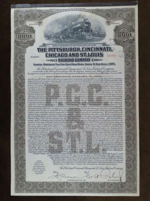 1925 Pittsburgh Cincinati Chicago and St Louis Railroad Company, $1000 Gold Bond Certificate 21098