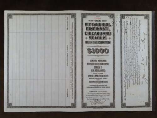 1925 Pittsburgh Cincinati Chicago and St Louis Railroad Company, $1000 Gold Bond Certificate 21098