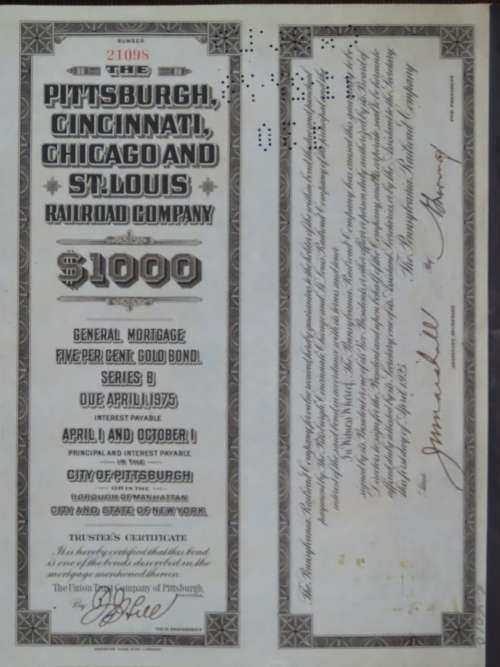 1925 Pittsburgh Cincinati Chicago and St Louis Railroad Company, $1000 Gold Bond Certificate 21098