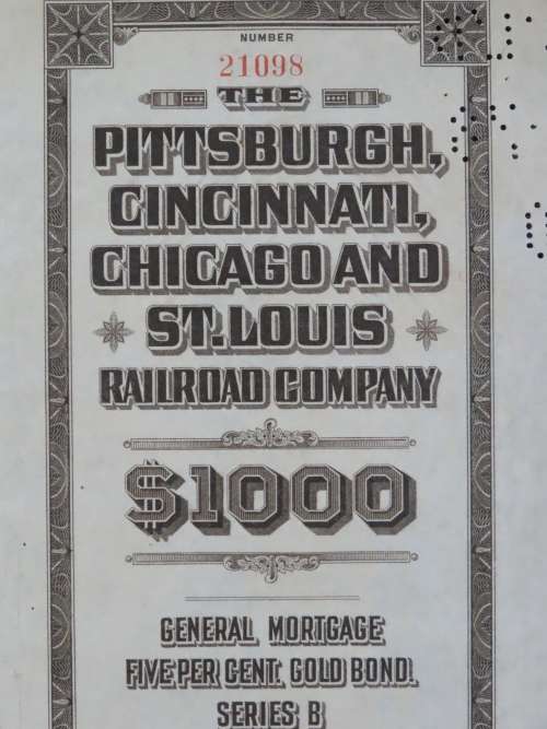 1925 Pittsburgh Cincinati Chicago and St Louis Railroad Company, $1000 Gold Bond Certificate 21098