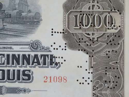1925 Pittsburgh Cincinati Chicago and St Louis Railroad Company, $1000 Gold Bond Certificate 21098