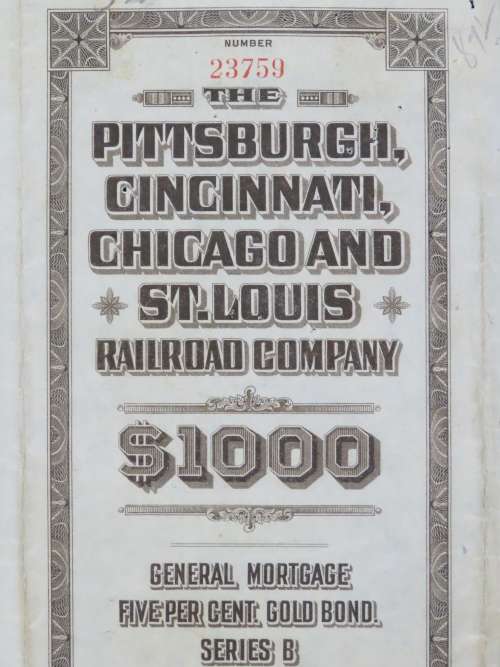 1925 Pittsburgh Cincinati Chicago and St Louis Railroad Company, $1000 Gold Bond Certificate 23759