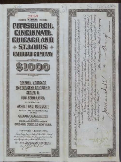 1925 Pittsburgh Cincinati Chicago and St Louis Railroad Company, $1000 Gold Bond Certificate 23759