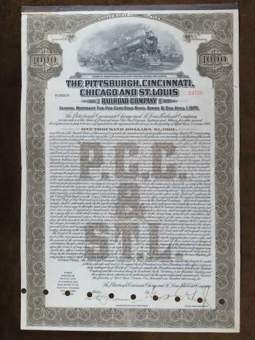 1925 Pittsburgh Cincinati Chicago and St Louis Railroad Company, $1000 Gold Bond Certificate 23759