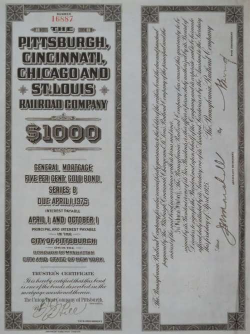 1925 Pittsburgh Cincinati Chicago and St Louis Railroad Company, $1000 Gold Bond Certificate 16887