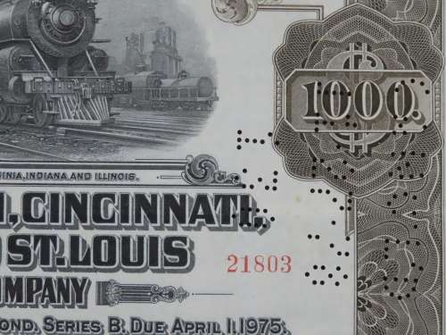 1925 Pittsburgh Cincinati Chicago and St Louis Railroad Company, $1000 Gold Bond Certificate 21803