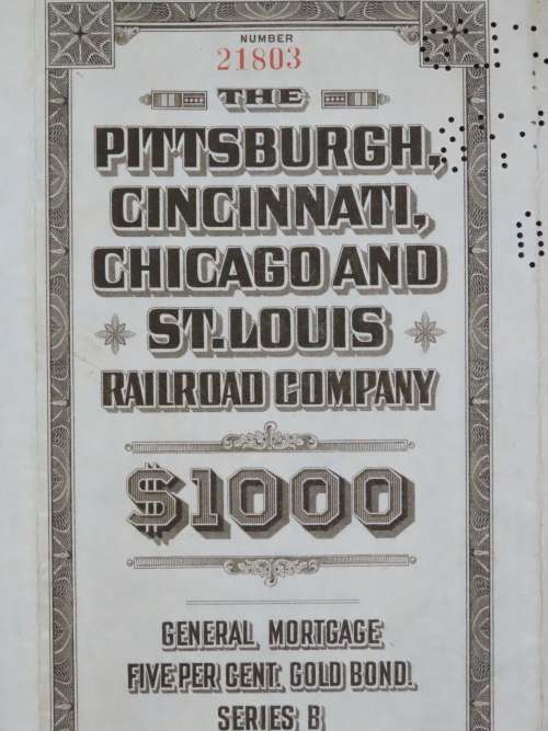 1925 Pittsburgh Cincinati Chicago and St Louis Railroad Company, $1000 Gold Bond Certificate 21803