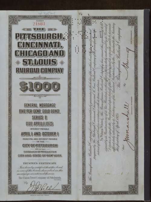 1925 Pittsburgh Cincinati Chicago and St Louis Railroad Company, $1000 Gold Bond Certificate 21803
