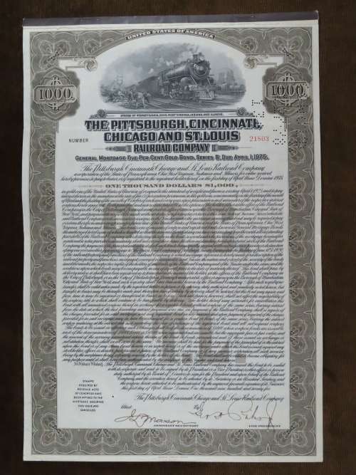 1925 Pittsburgh Cincinati Chicago and St Louis Railroad Company, $1000 Gold Bond Certificate 21803