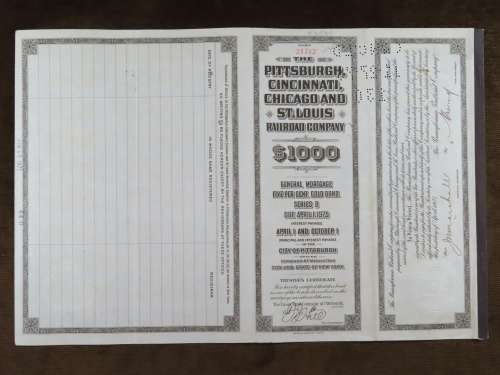 1925 Pittsburgh Cincinati Chicago and St Louis Railroad Company, $1000 Gold Bond Certificate 21712