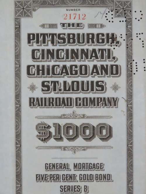 1925 Pittsburgh Cincinati Chicago and St Louis Railroad Company, $1000 Gold Bond Certificate 21712
