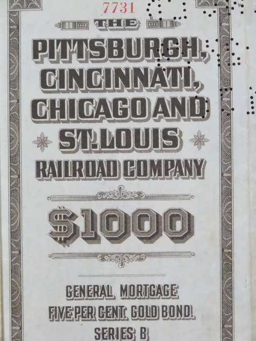 1925 Pittsburgh Cincinati Chicago and St Louis Railroad Company, $1000 Gold Bond Certificate 7731