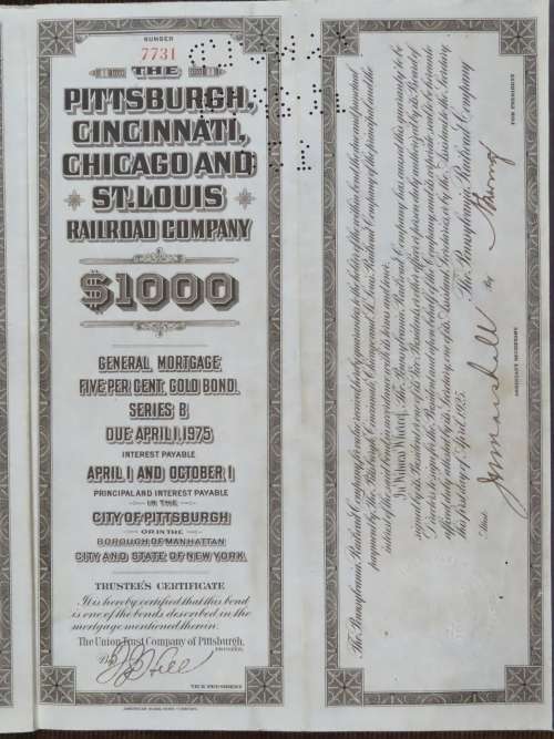 1925 Pittsburgh Cincinati Chicago and St Louis Railroad Company, $1000 Gold Bond Certificate 7731