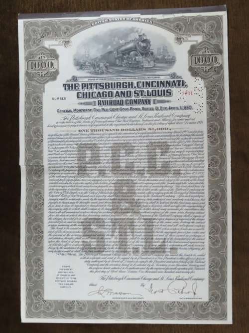 1925 Pittsburgh Cincinati Chicago and St Louis Railroad Company, $1000 Gold Bond Certificate 7731