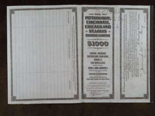 1925 Pittsburgh Cincinati Chicago and St Louis Railroad Company, $1000 Gold Bond Certificate 7731