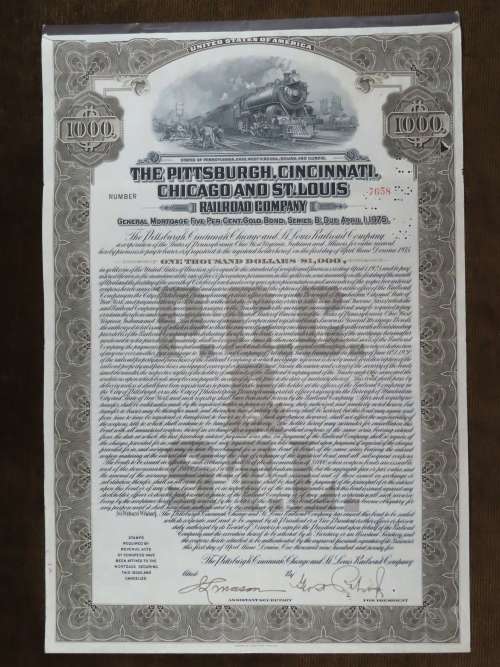 1925 Pittsburgh Cincinati Chicago and St Louis Railroad Company, $1000 Gold Bond Certificate 7658