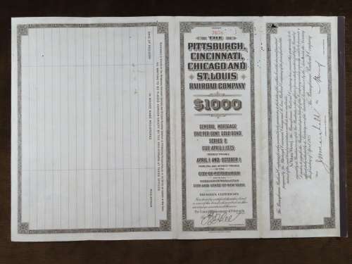 1925 Pittsburgh Cincinati Chicago and St Louis Railroad Company, $1000 Gold Bond Certificate 7658