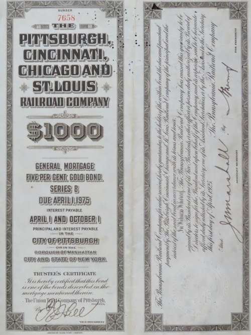 1925 Pittsburgh Cincinati Chicago and St Louis Railroad Company, $1000 Gold Bond Certificate 7658