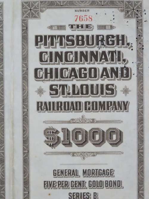 1925 Pittsburgh Cincinati Chicago and St Louis Railroad Company, $1000 Gold Bond Certificate 7658