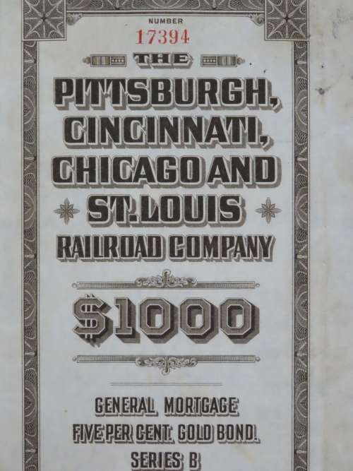 1925 Pittsburgh Cincinati Chicago and St Louis Railroad Company, $1000 Gold Bond Certificate 17394