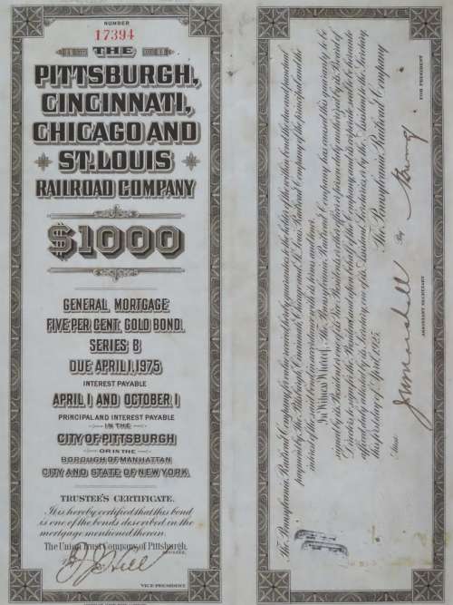 1925 Pittsburgh Cincinati Chicago and St Louis Railroad Company, $1000 Gold Bond Certificate 17394