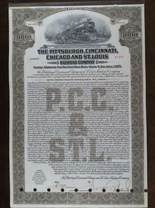 1925 Pittsburgh Cincinati Chicago and St Louis Railroad Company, $1000 Gold Bond Certificate 17394