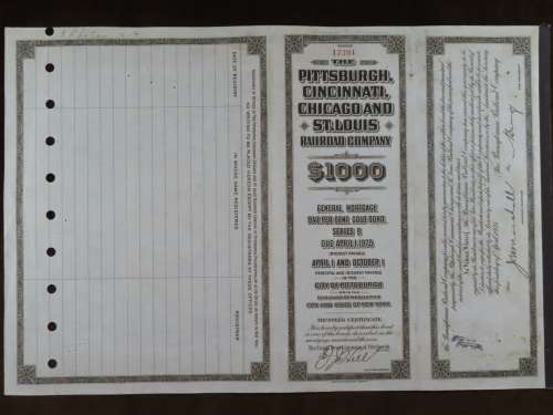 1925 Pittsburgh Cincinati Chicago and St Louis Railroad Company, $1000 Gold Bond Certificate 17394