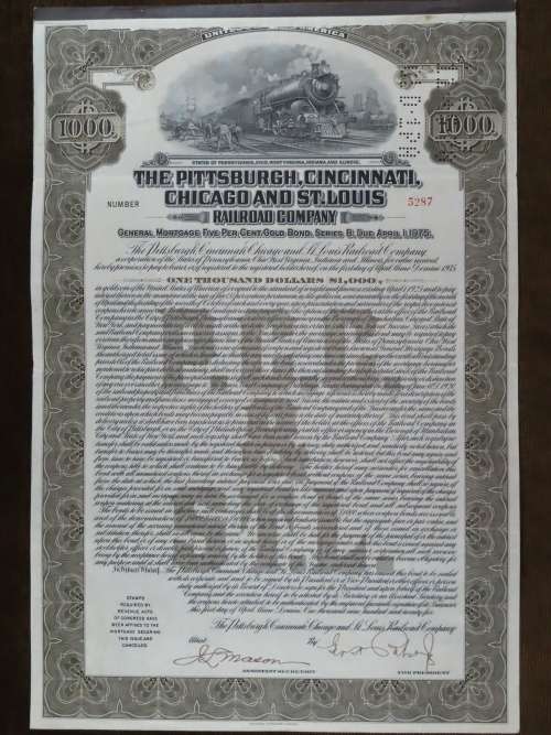 1925 Pittsburgh Cincinati Chicago and St Louis Railroad Company, $1000 Gold Bond Certificate 5287
