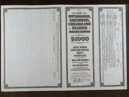1925 Pittsburgh Cincinati Chicago and St Louis Railroad Company, $1000 Gold Bond Certificate 5287