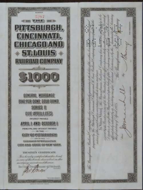 1925 Pittsburgh Cincinati Chicago and St Louis Railroad Company, $1000 Gold Bond Certificate 5287